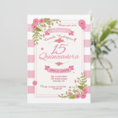 Invitation Carton d'invitation Quinceañera rayures roses et b (Debout devant)