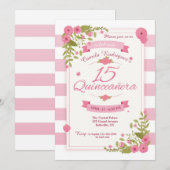 Invitation Carton d'invitation Quinceañera rayures roses et b (Devant / Derrière)