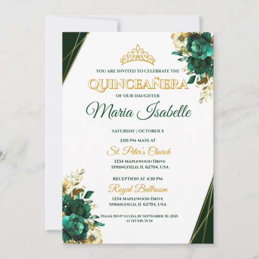 Invitation Carton d'invitation Quinceañera Vert Emeraude & Or (Devant)