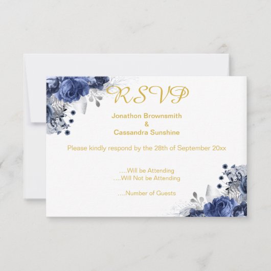 INVITATION CARTON D'INVITATION RSVP AVEC ROSE EN RELIEF BLEU (Devant)