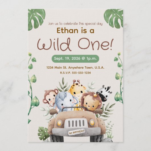 INVITATION CARTON D'INVITATION THÈME JUNGLE POUR BÉBÉ/TOUT-PE (Devant)