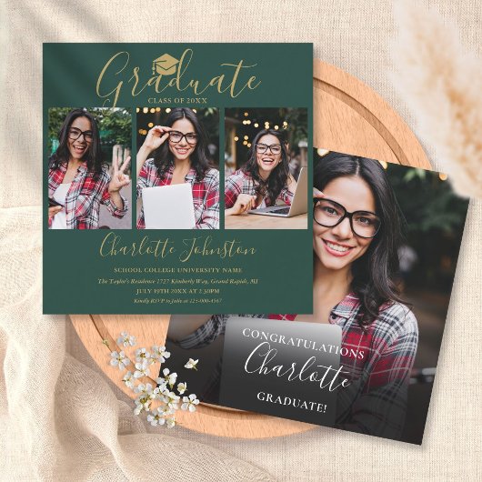 Invitation Carton d'invitation Vert Emeraude Script 4 Photo F