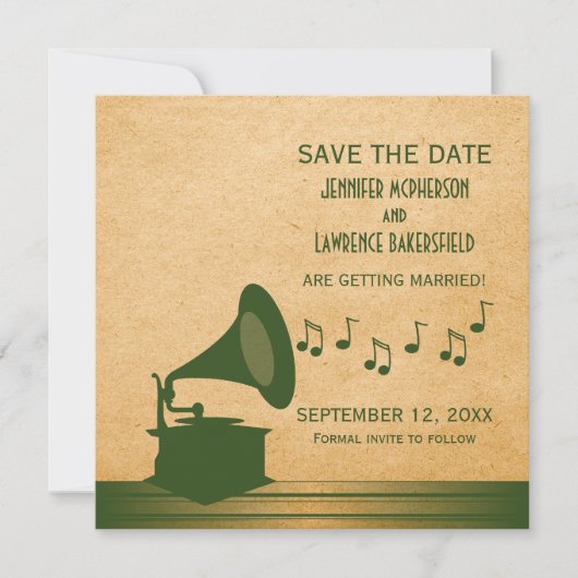 Invitation Carton d'invitation vintage vert avec gramophone p (Devant)