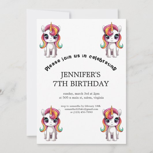 Invitation Carton mignon Rainbow Unicorn fête d'anniversaire (Devant)