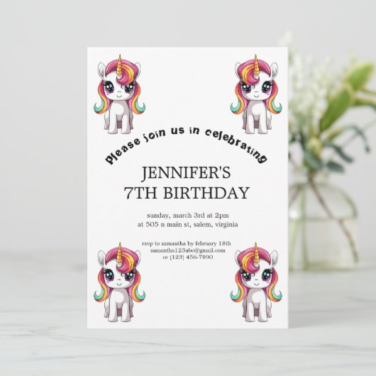 Invitation Carton mignon Rainbow Unicorn fête d'anniversaire (Debout devant)