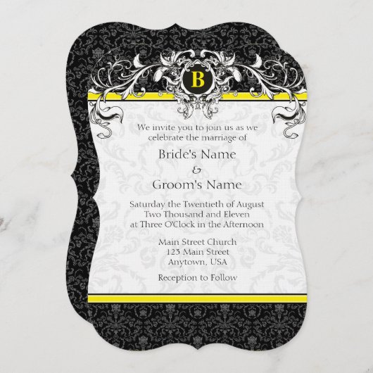 Invitation Cartons de mariage à monogramme en damas jaune et (Devant / Derrière)