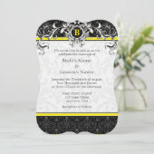 Invitation Cartons de mariage à monogramme en damas jaune et (Debout devant)