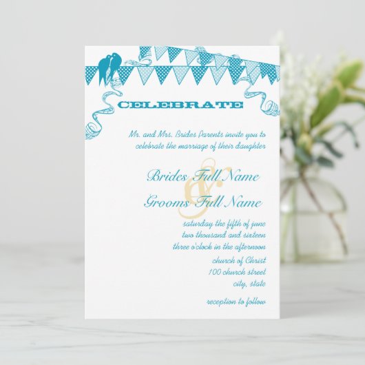 Invitation Cartons de mariage à points bleus Aqua Bunting (Debout devant)