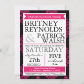 Invitation Cartons de mariage rose vif damassé et noir (Dos)