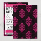 Invitation Cartons de mariage rose vif damassé et noir (Devant / Derrière)