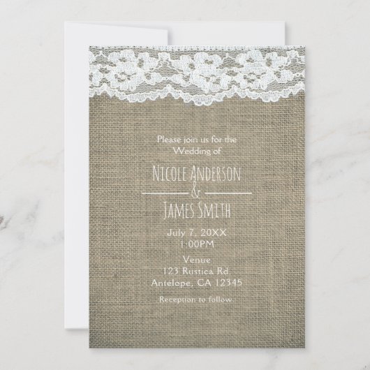 Invitation Cartons de mariage rustiques simples Burlap & Lace (Devant)
