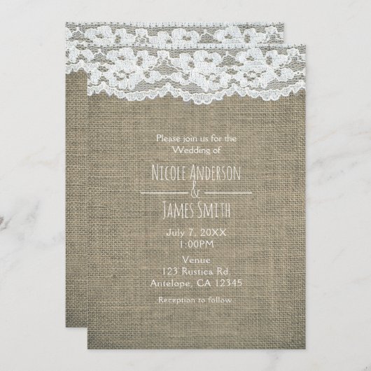 Invitation Cartons de mariage rustiques simples Burlap & Lace (Devant / Derrière)