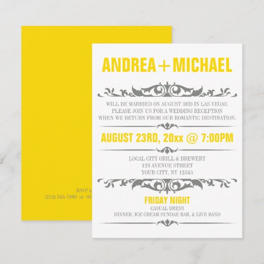 Invitation Cartons de réception de mariage jaune et gris uniq (Devant / Derrière)