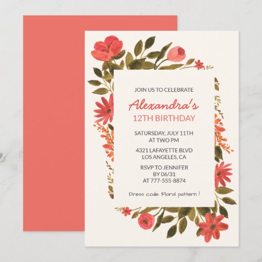 Invitation Cartons d'invitation 12 ans Floral Boho Élégant (Devant / Derrière)