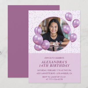 Invitation Cartons d'invitation 14 ans Ballons Photo Violet
