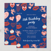 Invitation Cartons d'invitation 15 ans Bleu Cœurs Mignons (Devant / Derrière)