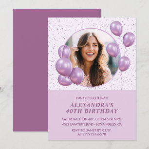 Invitation Cartons d'invitation 40 ans Ballons Photo Violet