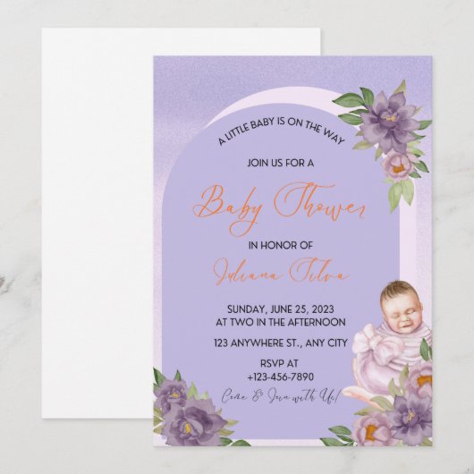 Invitation Cartons d'invitation bébé thème floral violet. (Devant / Derrière)