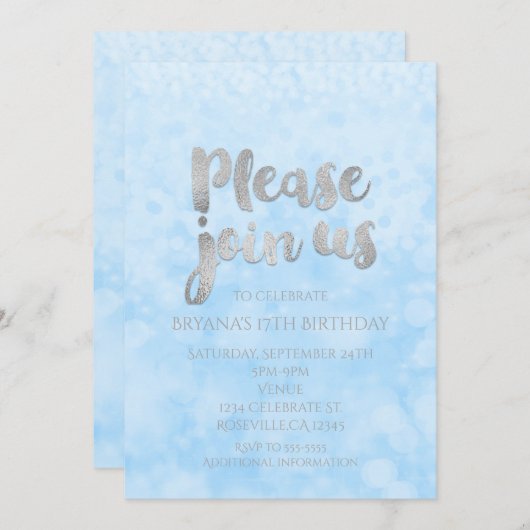 Invitation Cartons d'invitation de fête Glamour Bleu & Argent (Devant / Derrière)