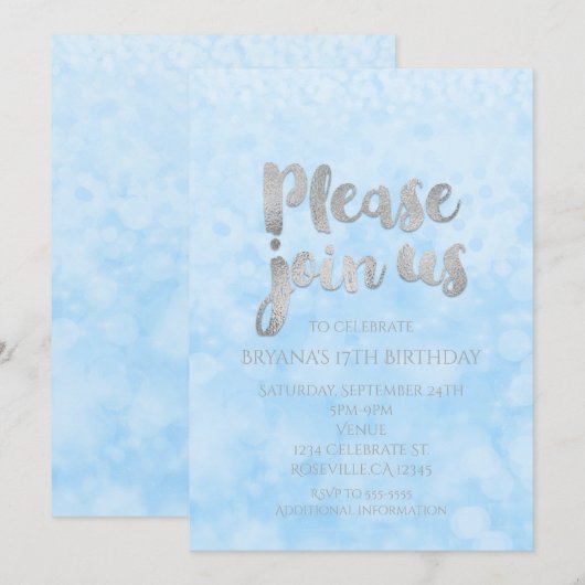 Invitation Cartons d'invitation de fête Glamour Blue & Silver (Devant / Derrière)