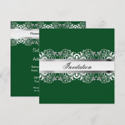 Invitation Cartons d'invitation de fête Vert foncé et argent (Devant / Derrière)