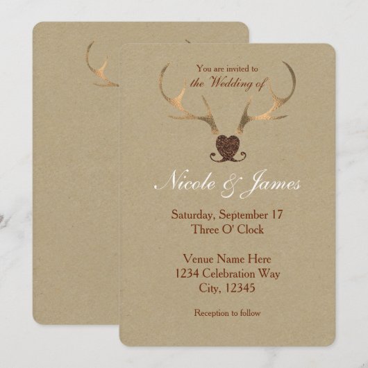 Invitation Cartons d'invitation de mariage à cornes dorées et (Devant / Derrière)