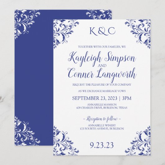 Invitation Cartons d'invitation de mariage bleu royal élégant (Devant / Derrière)