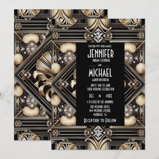 Invitation Cartons d'invitation de mariage diamant noir et or (Devant / Derrière)