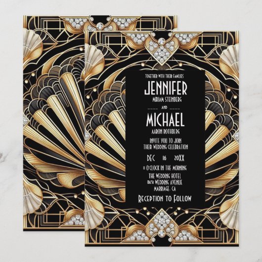 Invitation Cartons d'invitation de mariage diamant noir et or (Devant / Derrière)