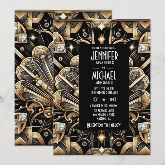 Invitation Cartons d'invitation de mariage diamant noir et or (Devant / Derrière)