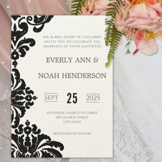 Invitation Cartons d'invitation de mariage en damas noir vint