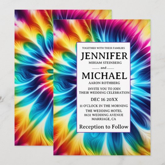 Invitation Cartons d'invitation de mariage tie-dye psychédéli (Devant / Derrière)
