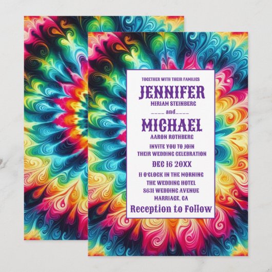 Invitation Cartons d'invitation de mariage tie dye psychédéli (Devant / Derrière)