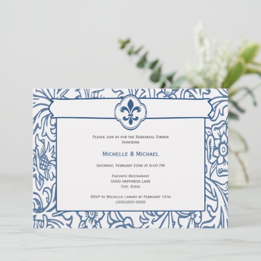 Invitation Cartons d'invitation élégants bleu et blanc à moti (Debout devant)