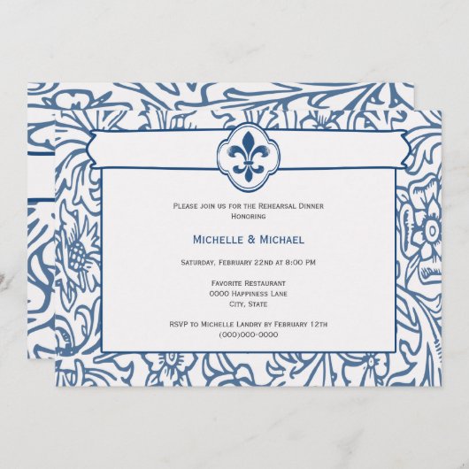 Invitation Cartons d'invitation élégants bleu et blanc à moti (Devant / Derrière)