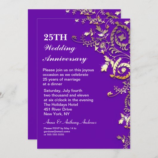 Invitation Cartons d'invitation élégants violets pour 25e ann (Devant / Derrière)