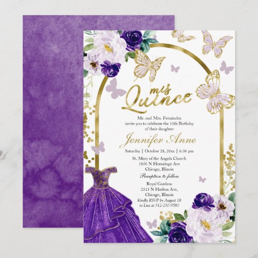 Invitation Cartons d'invitation Papillon Coing Fleur violette (Devant / Derrière)