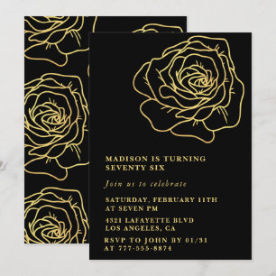 Invitation Cartons d'invitation pour 76 ans noir Fleurs dorée