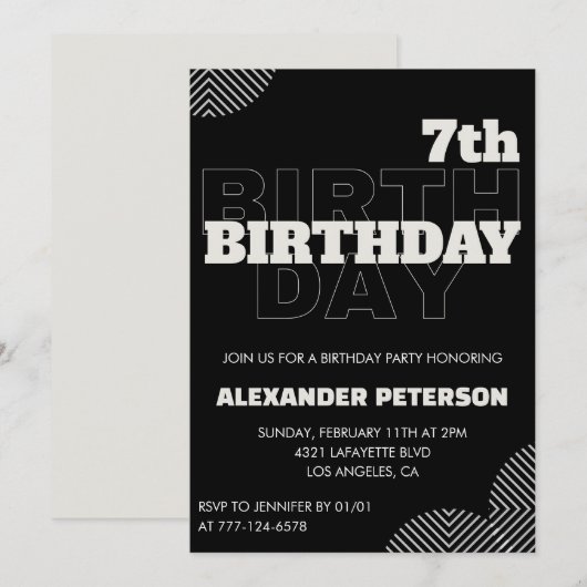 Invitation Cartons d'invitation pour 7 ans garçon fête noir (Devant / Derrière)