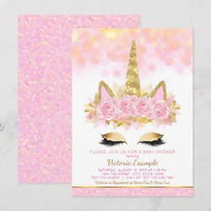 Invitation Cartons d'invitation pour Baby Shower Licorne Rose