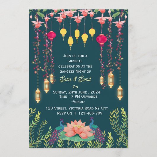 Invitation Cartons d'invitation pour la soirée Sangeet de mar (Devant)