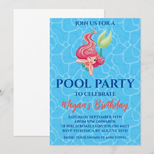 Invitation cartons d'invitation pour une fête à la piscine en (Devant / Derrière)