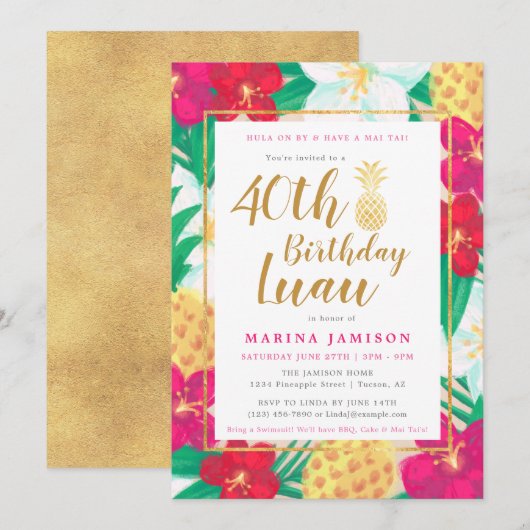 Invitation Cartons d'invitation pour une fête luau dorée (Devant / Derrière)