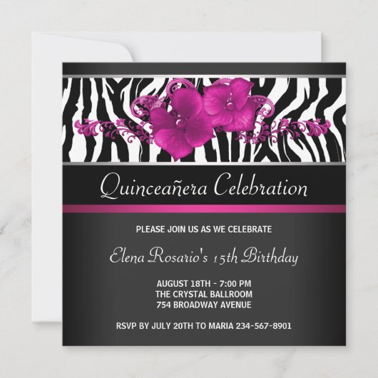 Invitation Cartons d'invitation Quinceanera Zèbre Rose Chaud (Devant)