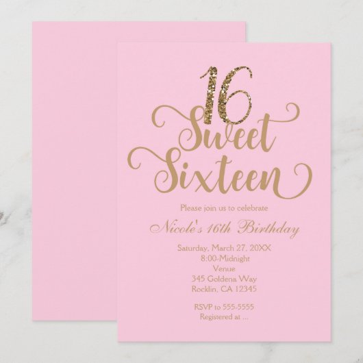 Invitation Cartons d'invitation rose et or pour anniversaire  (Devant / Derrière)