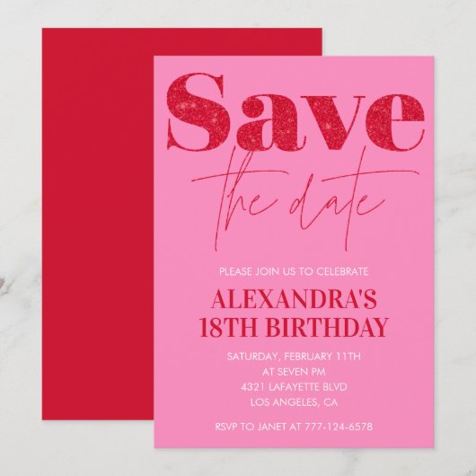 Invitation Cartons d'invitation rose pour 18 ans Save the dat (Devant / Derrière)