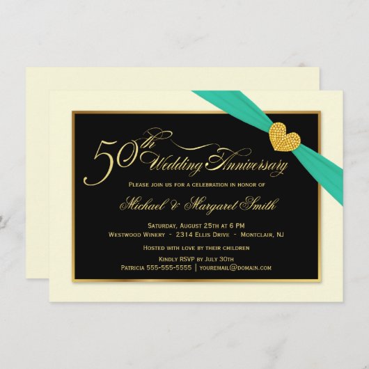 Invitation Cartons d'invitation Ruban Aqua pour les 50 ans de (Devant / Derrière)