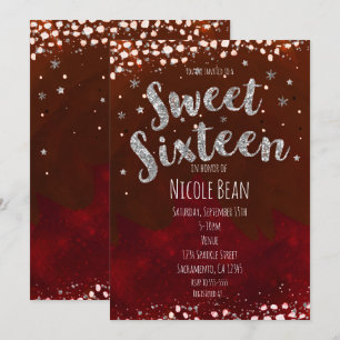 Invitation Cartons d'invitation Sweet 16 Rouge et Argent Nuit