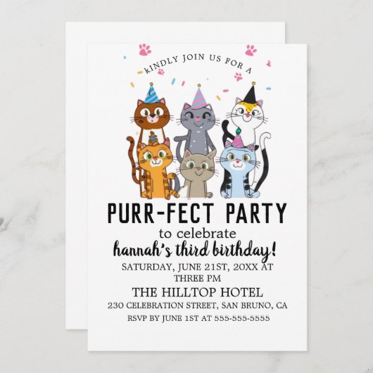 Invitation Cartoon Cats Purr-fect Enfants Anniversaire Fête I (Devant / Derrière)