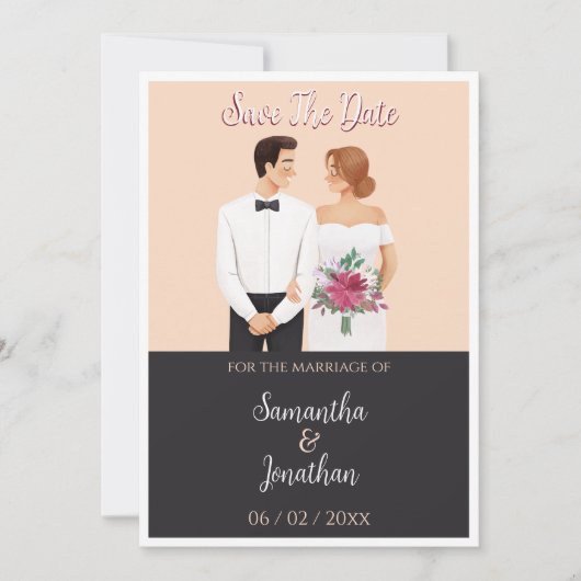 Invitation Cartoon Couple Mariage Moderne Enregistrer La Date (Devant)